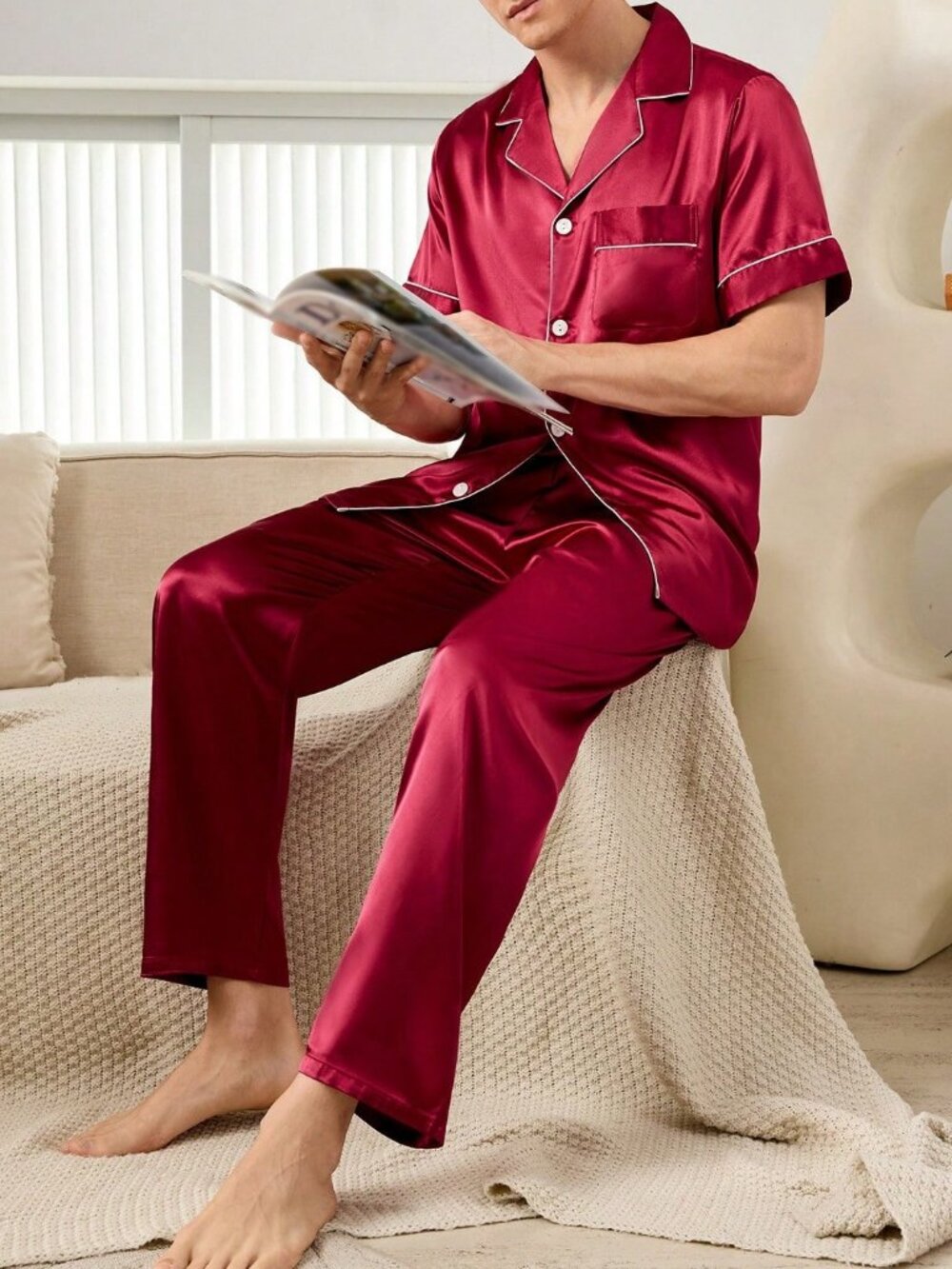 Burgundy Casual Men's Button Pocket Lapel Short Sleeve Long Pants Pajama Set